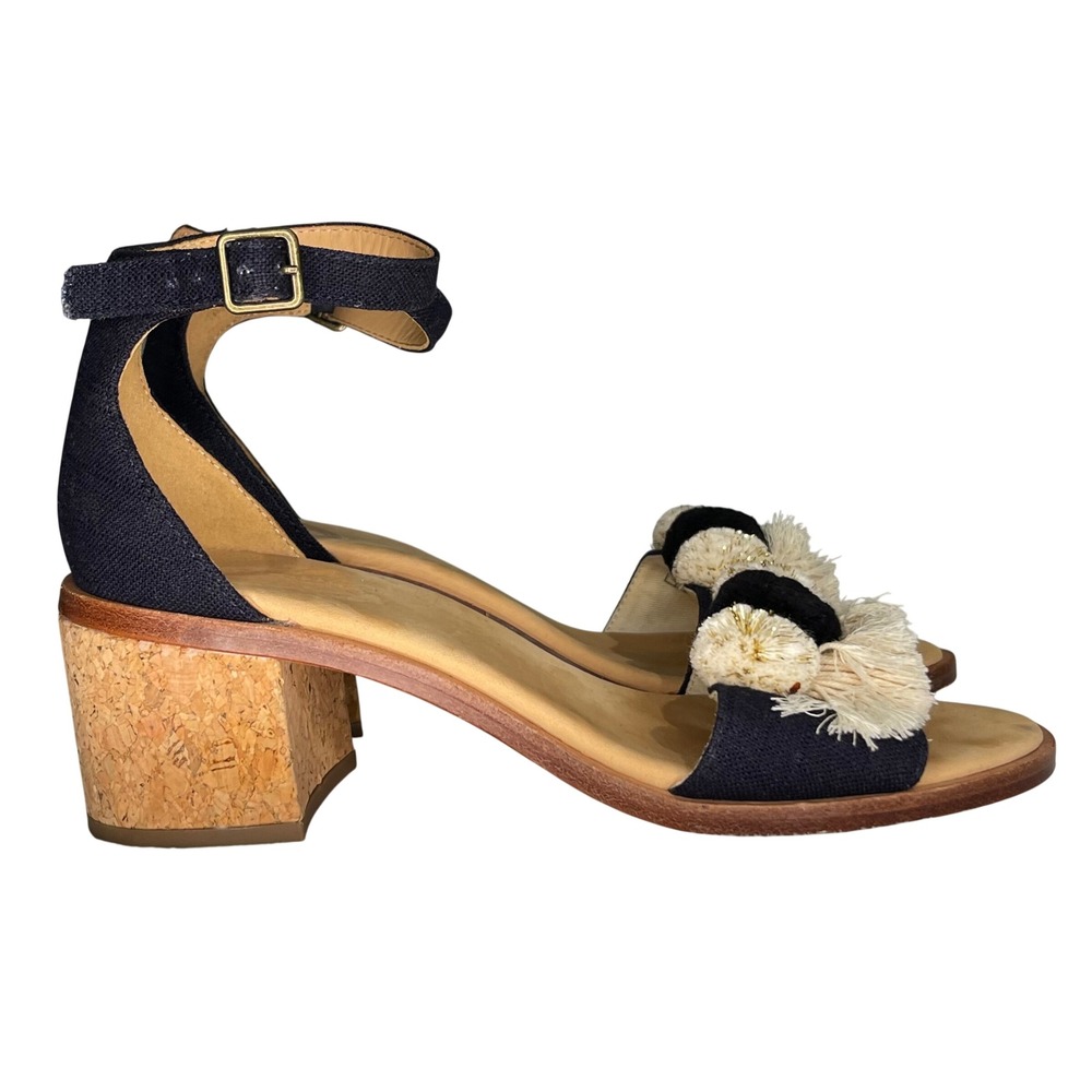 Soludos 7 Capri Pom Pom Sandals Navy Canvas Cork Block Heel Boho Ankle Strap